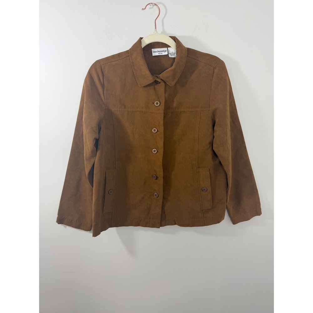 Breckenridge Petite Womens Faux Suede Jacket Cognac‎ Brown Button Front Size PS